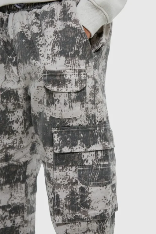 Elasticated Waist Printed Multi Pocket Stacked Cargo Trousers