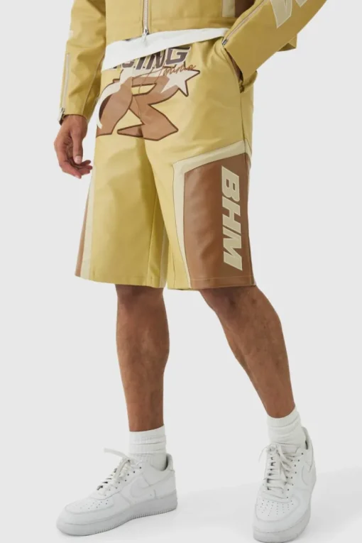 Elasticated Waist Pu Moto Jorts In Camel
