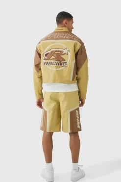 Elasticated Waist Pu Moto Jorts In Camel