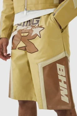 Elasticated Waist Pu Moto Jorts In Camel