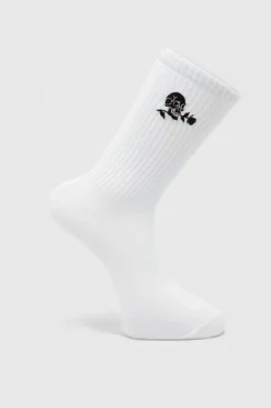 Embroidered Skull And Rose Tube Sock