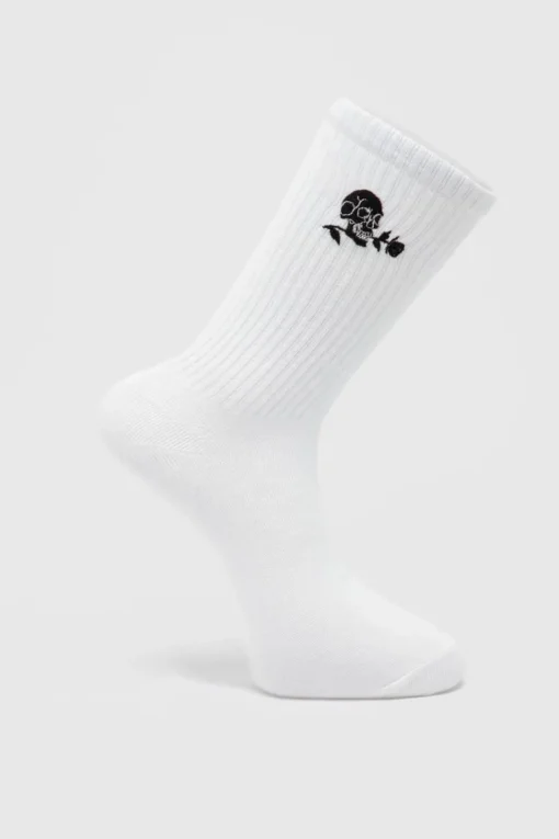 Embroidered Skull And Rose Tube Sock