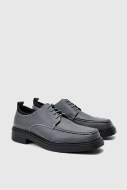 Faux Leather Contras Stitch Derby Shoes In Grey