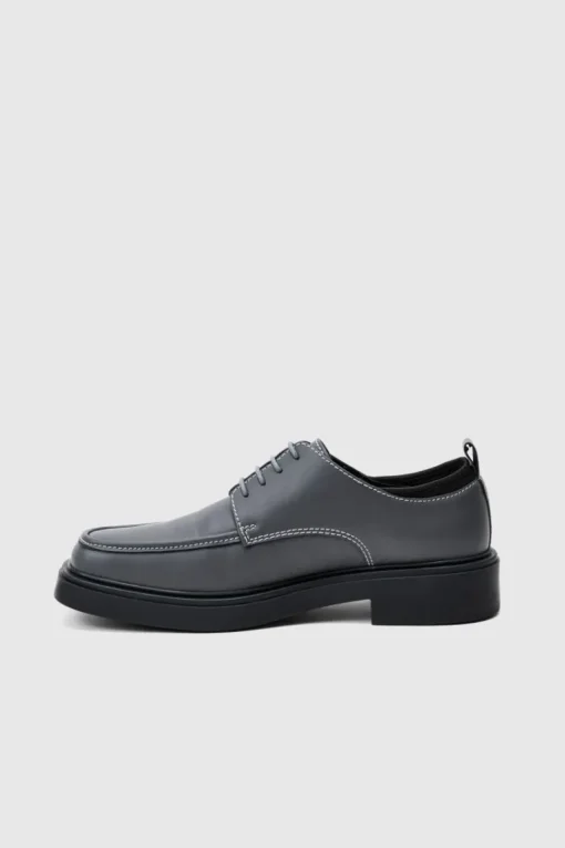 Faux Leather Contras Stitch Derby Shoes In Grey