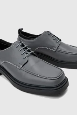 Faux Leather Contras Stitch Derby Shoes In Grey