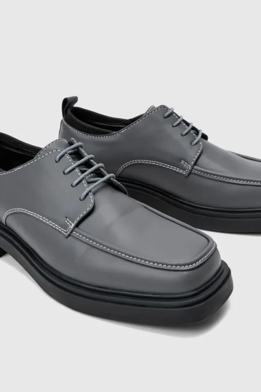 Faux Leather Contras Stitch Derby Shoes In Grey