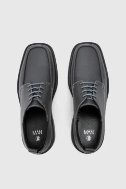 Faux Leather Contras Stitch Derby Shoes In Grey