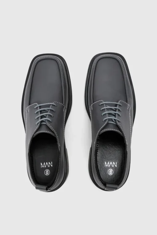 Faux Leather Contras Stitch Derby Shoes In Grey