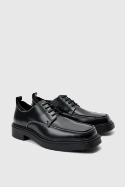 Faux Leather Contrast Stitch Derby Shoes In Black