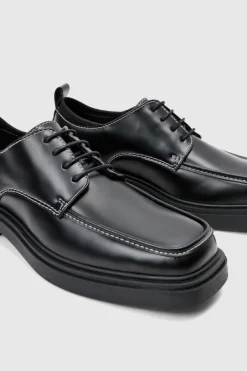 Faux Leather Contrast Stitch Derby Shoes In Black