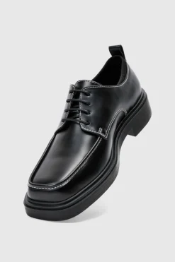 Faux Leather Contrast Stitch Derby Shoes In Black