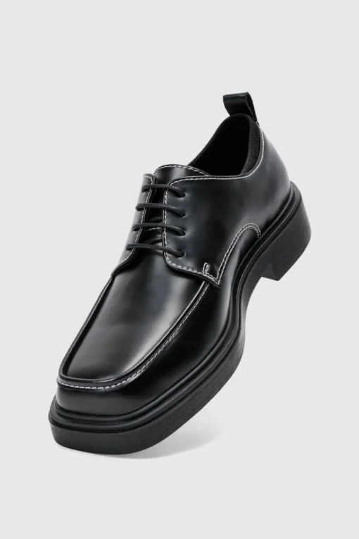 Faux Leather Contrast Stitch Derby Shoes In Black