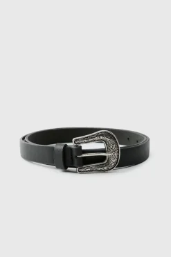 Faux Leather Textured Belt With Western Buckle
