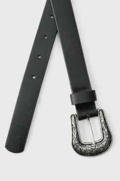 Faux Leather Textured Belt With Western Buckle