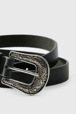 Faux Leather Textured Belt With Western Buckle