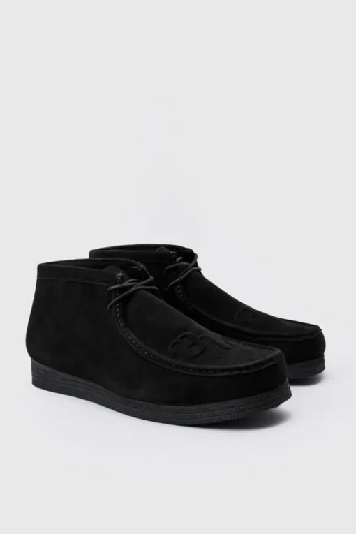 Faux Suede Apron Front Embossed Branding Shoes In Black