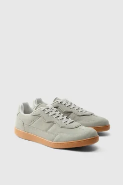 Faux Suede Trainer In Grey with white detail