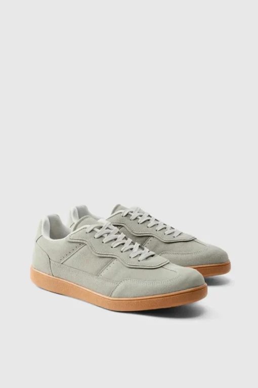 Faux Suede Trainer In Grey with white detail