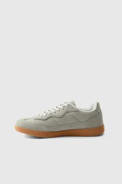 Faux Suede Trainer In Grey with white detail