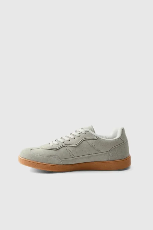 Faux Suede Trainer In Grey with white detail