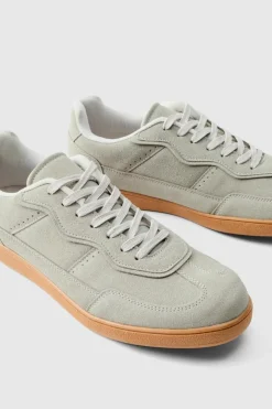 Faux Suede Trainer In Grey with white detail