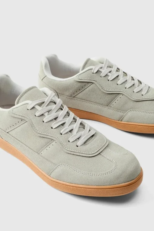 Faux Suede Trainer In Grey with white detail