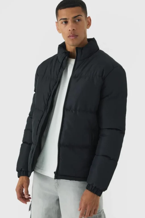 Funnel Neck Puffer Jacket in Black