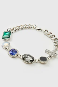 Gemstone And Cross Silver Bracelet
