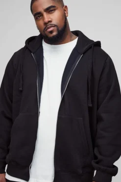 330GSM Plus Regular Fit Zip Through Hoodie in Black