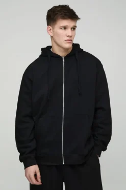 330GSM Tall Oversized Fit Zip Through Hoodie in Black