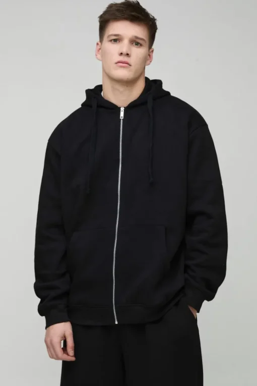 330GSM Tall Oversized Fit Zip Through Hoodie in Black