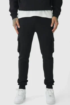 330GSM Tall Skinny Fit Cargo Jogger In Black