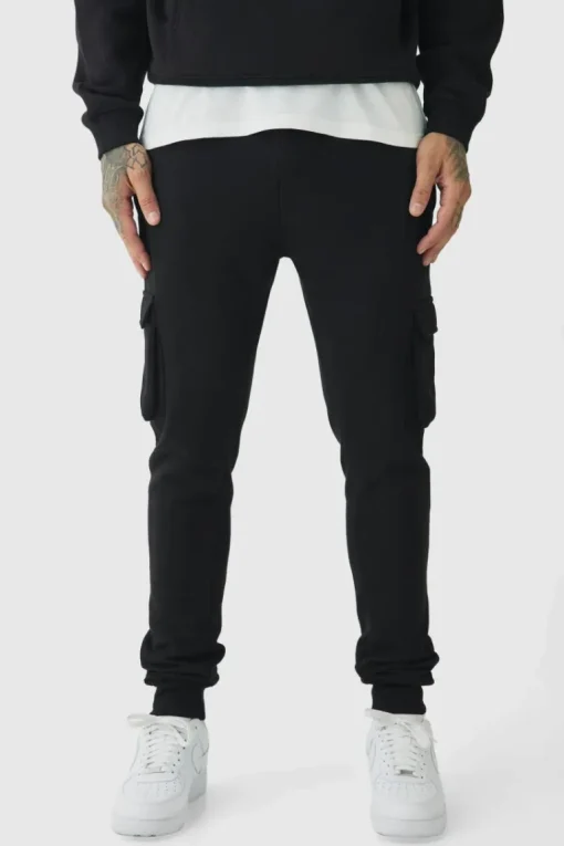 330GSM Tall Skinny Fit Cargo Jogger In Black