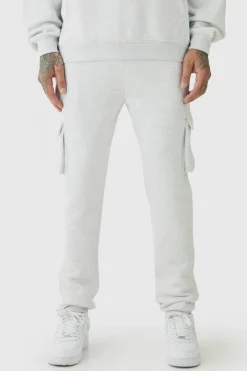 330GSM Tall Skinny Fit Cargo Jogger In Grey Marl