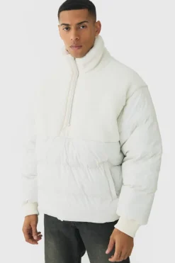 Half Zip Borg And Nylon Funnel Neck Puffer Jacket In Ecru