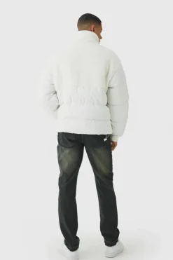 Half Zip Borg And Nylon Funnel Neck Puffer Jacket In Ecru