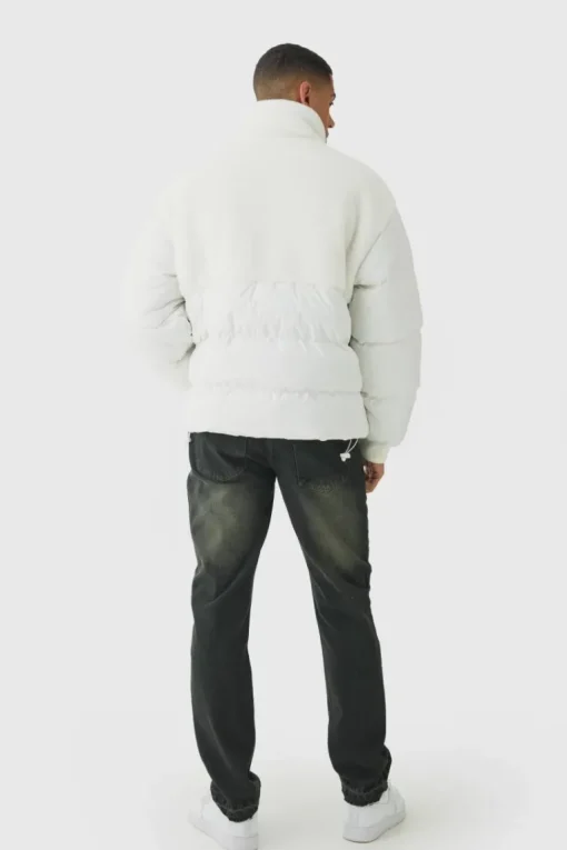 Half Zip Borg And Nylon Funnel Neck Puffer Jacket In Ecru