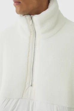 Half Zip Borg And Nylon Funnel Neck Puffer Jacket In Ecru