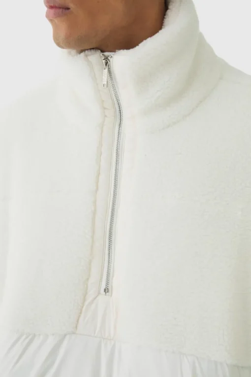 Half Zip Borg And Nylon Funnel Neck Puffer Jacket In Ecru