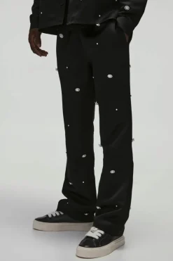 Heavy Satin Embellished Elasticated Waist Flared Trousers