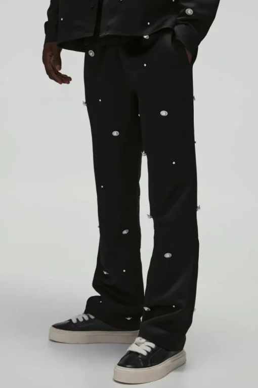 Heavy Satin Embellished Elasticated Waist Flared Trousers