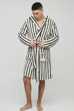 Heavyweight Stripe Fleece Robe With Woven Tab