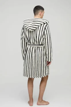 Heavyweight Stripe Fleece Robe With Woven Tab