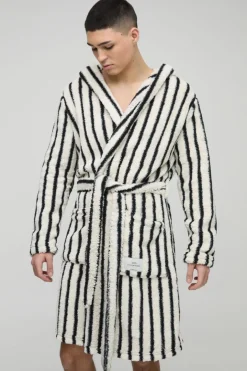 Heavyweight Stripe Fleece Robe With Woven Tab