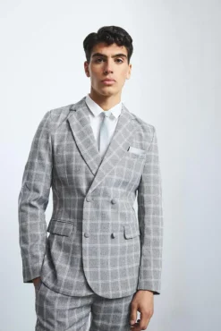 Herringbone Check Contrast Sleeve Panel Fitted Blazer