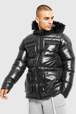 High Shine 4 Pocket Fur Trim Hood Parka