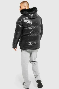 High Shine 4 Pocket Fur Trim Hood Parka