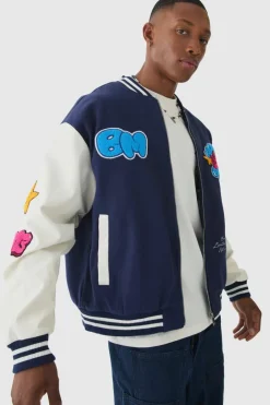 Homme Badge Varsity Jacket In Navy