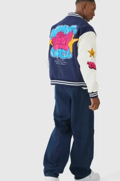 Homme Badge Varsity Jacket In Navy