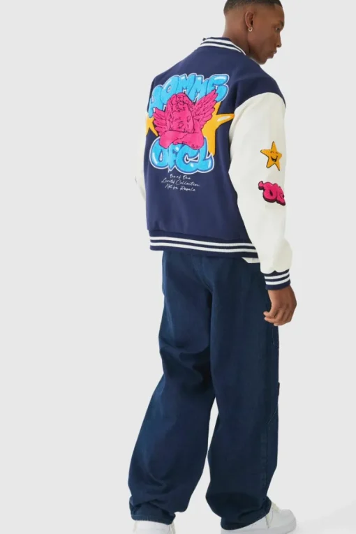 Homme Badge Varsity Jacket In Navy